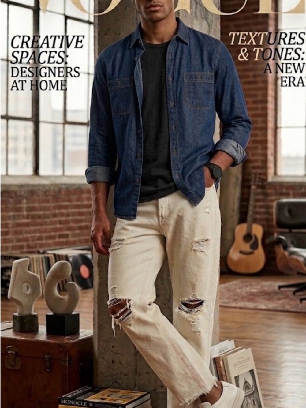 PacSun Men's Relaxed Ripped Cream Jeans